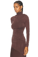 Atlein Mock Neck Long Sleeved Ruched Top in Cob Sepia, view 3, click to view large image.