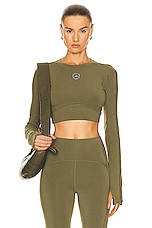 adidas by Stella McCartney True Strength Yoga Crop Top in Focus Olive, view 1, click to view large image.