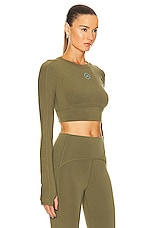 adidas by Stella McCartney True Strength Yoga Crop Top in Focus Olive, view 2, click to view large image.