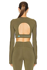 adidas by Stella McCartney True Strength Yoga Crop Top in Focus Olive, view 3, click to view large image.