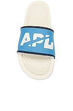 APL: Athletic Propulsion Labs Big Logo Techloom Slide in Ivory, Coastal Blue & Midnight, view 4, click to view large image.