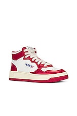 Autry Bicolor Medalist Mid Sneaker in White & Red, view 2, click to view large image.