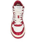 Autry Bicolor Medalist Mid Sneaker in White & Red, view 4, click to view large image.
