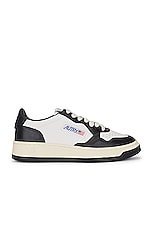 Autry Medalist Low Sneaker in Leather, Leather White, & Leather Black, view 1, click to view large image.