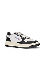 Autry Medalist Low Sneaker in Leather, Leather White, & Leather Black, view 2, click to view large image.
