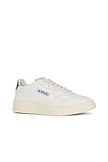Autry Medalist Low Sneaker in Leather White & Green, view 2, click to view large image.