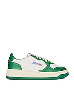 Autry Medalist Low Sneaker in Leather, Leather White, & Green, view 1, click to view large image.