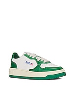 Autry Medalist Low Sneaker in Leather, Leather White, & Green, view 2, click to view large image.