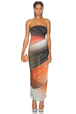 THE ATTICO Strapless Midi Dress in Orange, Brown, & White Gradient, view 1, click to view large image.