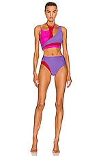 THE ATTICO Color Block Cutout Bikini Set in Lavender, Fuchsia, & Red, view 1, click to view large image.