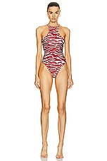 THE ATTICO Zebra Printed One Piece Swimsuit in Red & Milk, view 1, click to view large image.