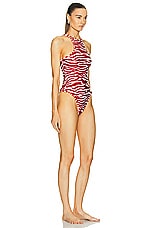 THE ATTICO Zebra Printed One Piece Swimsuit in Red & Milk, view 2, click to view large image.