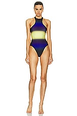 THE ATTICO Shaded Printed One Piece Swimsuit in Blue, Black, & Light Yellow, view 1, click to view large image.