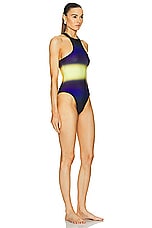 THE ATTICO Shaded Printed One Piece Swimsuit in Blue, Black, & Light Yellow, view 2, click to view large image.