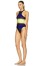 THE ATTICO Shaded Printed One Piece Swimsuit in Blue, Black, & Light Yellow, view 3, click to view large image.