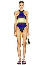 THE ATTICO Shaded Printed One Piece Swimsuit in Blue, Black, & Light Yellow, view 5, click to view large image.