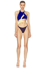 THE ATTICO One Piece Swimsuit in Dark Grapes, Iris Blue, & Light Yellow, view 1, click to view large image.