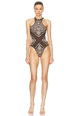 THE ATTICO One Piece Swimsuit in Brown, Beige, & White, view 1, click to view large image.