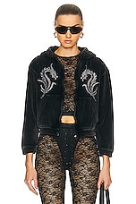 Alexander Wang Shrunken Zip Up Hoodie With Crystal Dragon Hotfix in Washed Pepper, view 1, click to view large image.