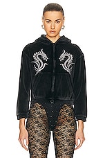 Alexander Wang Shrunken Zip Up Hoodie With Crystal Dragon Hotfix in Washed Pepper, view 2, click to view large image.