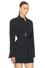 Alexander Wang Long Sleeve Top With Back Slit And Belt in Black & White, view 2, click to view large image.