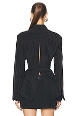 Alexander Wang Long Sleeve Top With Back Slit And Belt in Black & White, view 3, click to view large image.