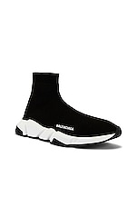 Balenciaga Speed Light Knit Sneaker in Black & White, view 2, click to view large image.