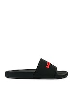 Balenciaga Logo Pool Slide in Black & Red, view 1, click to view large image.