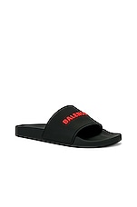 Balenciaga Logo Pool Slide in Black & Red, view 2, click to view large image.