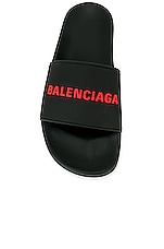 Balenciaga Logo Pool Slide in Black & Red, view 4, click to view large image.