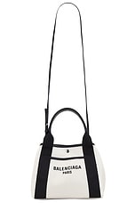 Balenciaga Navy Revamp Small Tote Bag in Natural & Black, view 1, click to view large image.