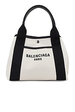 Balenciaga Navy Revamp Small Tote Bag in Natural & Black, view 2, click to view large image.