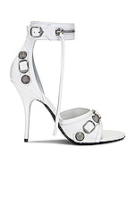 Balenciaga Cagole Sandal in Optic White & Aged Nickel, view 1, click to view large image.