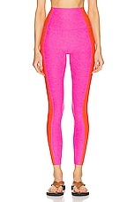 Beyond Yoga Spacedye Vitality Colorblock High Waisted Midi Legging in Pink Punch & Firecracker Red Block, view 1, click to view large image.