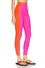 Beyond Yoga Spacedye Vitality Colorblock High Waisted Midi Legging in Pink Punch & Firecracker Red Block, view 2, click to view large image.