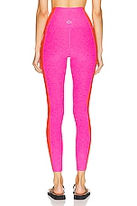 Beyond Yoga Spacedye Vitality Colorblock High Waisted Midi Legging in Pink Punch & Firecracker Red Block, view 3, click to view large image.