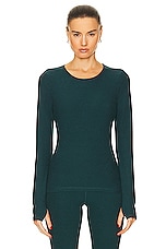 Beyond Yoga Spacedye Classic Crew Pullover Top in Midnight Green Heather, view 1, click to view large image.