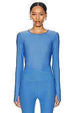 Beyond Yoga Featherweight Classic Crew Pullover Top in Sky Blue Heather, view 1, click to view large image.