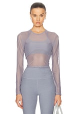 Beyond Yoga Show Off Mesh Long Sleeve Cropped Top in Cloud Gray, view 1, click to view large image.
