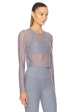 Beyond Yoga Show Off Mesh Long Sleeve Cropped Top in Cloud Gray, view 2, click to view large image.