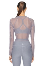 Beyond Yoga Show Off Mesh Long Sleeve Cropped Top in Cloud Gray, view 3, click to view large image.