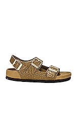 BIRKENSTOCK Milano Exquisite Sandal in Reptile Embossed Mud Green, view 1, click to view large image.