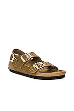 BIRKENSTOCK Milano Exquisite Sandal in Reptile Embossed Mud Green, view 2, click to view large image.