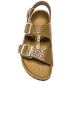 BIRKENSTOCK Milano Exquisite Sandal in Reptile Embossed Mud Green, view 4, click to view large image.