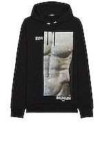 BALMAIN Statue Printed Hoodie in Noir & Multi Gris, view 1, click to view large image.