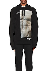 BALMAIN Statue Printed Hoodie in Noir & Multi Gris, view 3, click to view large image.