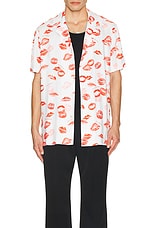 BALMAIN Kiss Print Pyjama Shirt in White & Red, view 3, click to view large image.