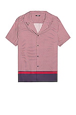 BALMAIN Short Sleeve All Over Mini Monogram Shirt in Blanc, Marine, & Rouge, view 1, click to view large image.