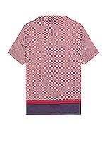 BALMAIN Short Sleeve All Over Mini Monogram Shirt in Blanc, Marine, & Rouge, view 2, click to view large image.