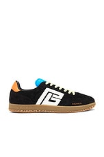 BALMAIN Swan Suede Sneaker in Grey, Fluo Yellow, & Fluo Orange, view 1, click to view large image.